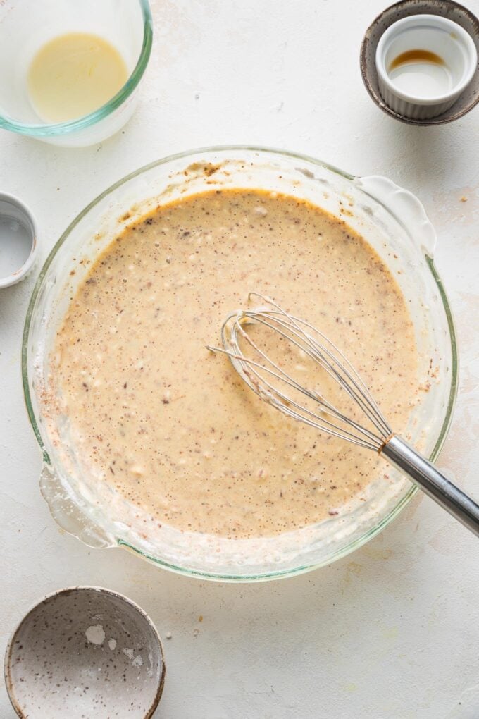 Mostly smooth French toast batter whisked in a pie plate.