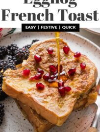 Eggnog French Toast is the perfect holiday breakfast -- delicious and festive, yet made with simple pantry ingredients plus buttery challah and creamy eggnog! Bonus: it's quick and easy enough to make on Christmas morning.