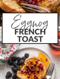 Eggnog French Toast is the perfect holiday breakfast -- delicious and festive, yet made with simple pantry ingredients plus buttery challah and creamy eggnog! Bonus: it's quick and easy enough to make on Christmas morning.