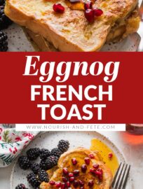 Eggnog French Toast is the perfect holiday breakfast -- delicious and festive, yet made with simple pantry ingredients plus buttery challah and creamy eggnog! Bonus: it's quick and easy enough to make on Christmas morning.