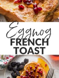 Eggnog French Toast is the perfect holiday breakfast -- delicious and festive, yet made with simple pantry ingredients plus buttery challah and creamy eggnog! Bonus: it's quick and easy enough to make on Christmas morning.