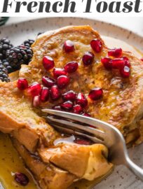 Eggnog French Toast is the perfect holiday breakfast -- delicious and festive, yet made with simple pantry ingredients plus buttery challah and creamy eggnog! Bonus: it's quick and easy enough to make on Christmas morning.