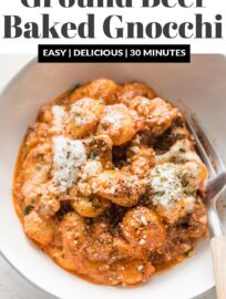 This Ground Beef Baked Gnocchi recipe is a 30 minute one pan meal that is sure to satisfy your comfort food cravings. We love the creamy tomato sauce, rich pockets of mozzarella and ricotta cheese, and generous sprinkle of Italian herbs.