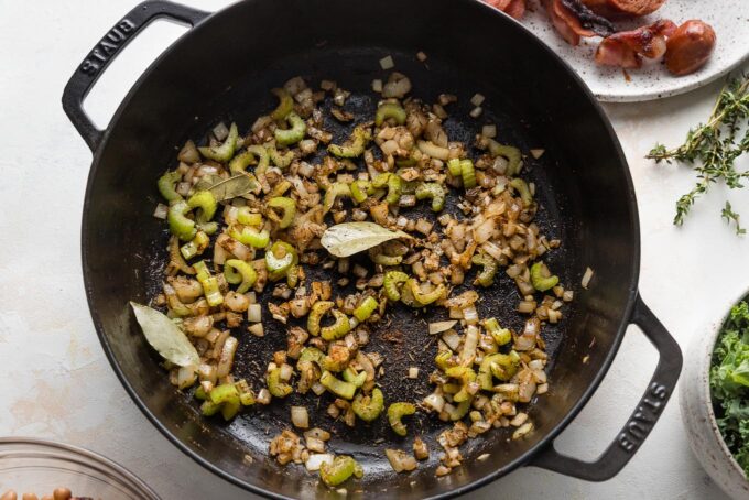 Onion, garlic, and seasonings sauteed together in a deep skillet.