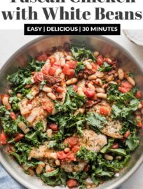 Hearty and vibrant, this Tuscan-inspired Chicken with White Beans, kale, and sun-dried tomatoes cooks in one skillet in just about 30 minutes! One of our favorite easy weeknight dinners, it also happens to be bursting with protein and dark leafy greens.