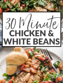 Hearty and vibrant, this Tuscan-inspired Chicken with White Beans, kale, and sun-dried tomatoes cooks in one skillet in just about 30 minutes! One of our favorite easy weeknight dinners, it also happens to be bursting with protein and dark leafy greens.