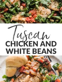 Hearty and vibrant, this Tuscan-inspired Chicken with White Beans, kale, and sun-dried tomatoes cooks in one skillet in just about 30 minutes! One of our favorite easy weeknight dinners, it also happens to be bursting with protein and dark leafy greens.