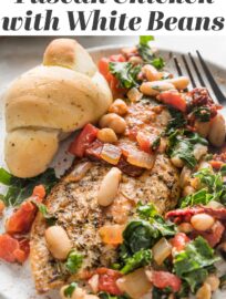 Hearty and vibrant, this Tuscan-inspired Chicken with White Beans, kale, and sun-dried tomatoes cooks in one skillet in just about 30 minutes! One of our favorite easy weeknight dinners, it also happens to be bursting with protein and dark leafy greens.
