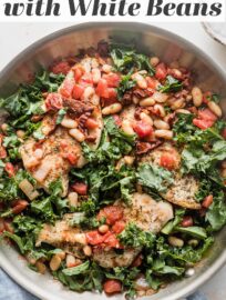 Hearty and vibrant, this Tuscan-inspired Chicken with White Beans, kale, and sun-dried tomatoes cooks in one skillet in just about 30 minutes! One of our favorite easy weeknight dinners, it also happens to be bursting with protein and dark leafy greens.