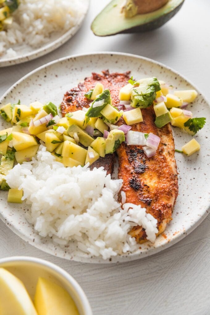 Angled view of a plate holding white rice, blackened tilapia, and mango avocado salsa, ready to eat.