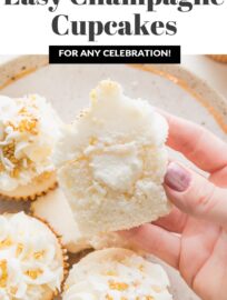 These super easy Champagne Cupcakes are made with a doctored cake mix, then filled and topped with champagne-infused buttercream. Grab this recipe when you need a treat that is super quick yet totally delicious and festive for New Year's, engagements, promotions, or any other big celebration!