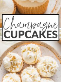 These super easy Champagne Cupcakes are made with a doctored cake mix, then filled and topped with champagne-infused buttercream. Grab this recipe when you need a treat that is super quick yet totally delicious and festive for New Year's, engagements, promotions, or any other big celebration!