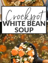 This Slow Cooker White Bean Soup with Parmesan and pearl couscous is cozy, comforting, and so easy to make. It's got tender veggies, creamy beans, and a rich rosemary and pesto-infused broth. Best of all, it's simple to toss in the Crockpot in the morning and enjoy with your family that night.