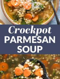 This Slow Cooker White Bean Soup with Parmesan and pearl couscous is cozy, comforting, and so easy to make. It's got tender veggies, creamy beans, and a rich rosemary and pesto-infused broth. Best of all, it's simple to toss in the Crockpot in the morning and enjoy with your family that night.