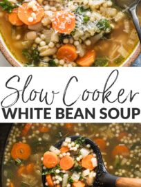 This Slow Cooker White Bean Soup with Parmesan and pearl couscous is cozy, comforting, and so easy to make. It's got tender veggies, creamy beans, and a rich rosemary and pesto-infused broth. Best of all, it's simple to toss in the Crockpot in the morning and enjoy with your family that night.