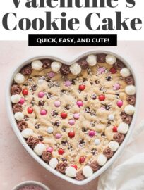 Bake and share this heart-shaped Valentine's Cookie Cake with someone you love for the sweetest treat! It's a giant chocolate chip cookie that you can decorate with frosting, sprinkles, M&Ms, or any other candies your heart desires.