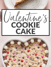 Bake and share this heart-shaped Valentine's Cookie Cake with someone you love for the sweetest treat! It's a giant chocolate chip cookie that you can decorate with frosting, sprinkles, M&Ms, or any other candies your heart desires.