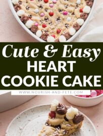 Bake and share this heart-shaped Valentine's Cookie Cake with someone you love for the sweetest treat! It's a giant chocolate chip cookie that you can decorate with frosting, sprinkles, M&Ms, or any other candies your heart desires.