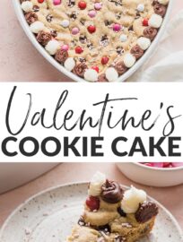 Bake and share this heart-shaped Valentine's Cookie Cake with someone you love for the sweetest treat! It's a giant chocolate chip cookie that you can decorate with frosting, sprinkles, M&Ms, or any other candies your heart desires.