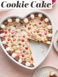 Bake and share this heart-shaped Valentine's Cookie Cake with someone you love for the sweetest treat! It's a giant chocolate chip cookie that you can decorate with frosting, sprinkles, M&Ms, or any other candies your heart desires.