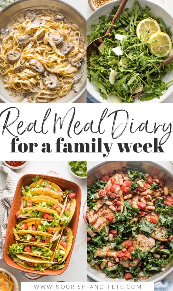 Collage of mushroom stroganoff, arugula salad, baked tacos, and Tuscan chicken photos, with an overlay text reading "Real Meal Diary: for a family week".