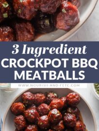 Crockpot BBQ Meatballs use just 3 ingredients and less than 5 minutes prep, yet are the ultimate party appetizer or ultra-easy dinner served over egg noodles or mashed potatoes. A few short hours in the slow cooker delivers tender, juicy meatballs coated in a sticky, sweet BBQ glaze.