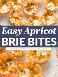 Apricot Brie Bites are beautiful and so delicious! Crisp mini phyllo cups filled with creamy baked brie and sweet apricot jam are an easy yet elegant appetizer that you can toss together in less than 15 minutes.