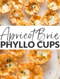 Apricot Brie Bites are beautiful and so delicious! Crisp mini phyllo cups filled with creamy baked brie and sweet apricot jam are an easy yet elegant appetizer that you can toss together in less than 15 minutes.