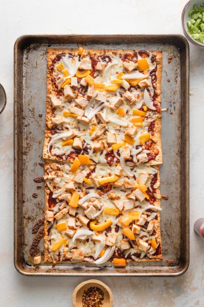 Baked BBQ chicken flatbreads, just out of the oven.