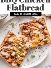 This 20 minute BBQ Chicken Flatbread is super easy to make and uses just a few ingredients, but packs major flavor! Serve as an ultra fast lunch or dinner, or slice into bite-sized pieces for an appetizer absolutely everyone will devour.