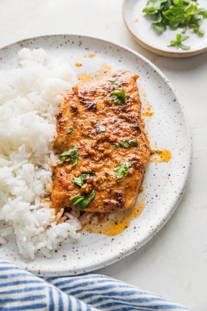 Cajun butter chicken breast with plenty of sauce, parsley for garnish, and a side of white rice on a white ceramic plate.