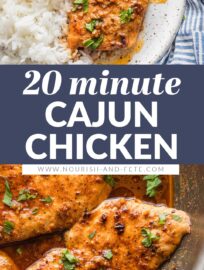 Cajun butter chicken breast with plenty of sauce, parsley for garnish, and a side of white rice on a white ceramic plate.