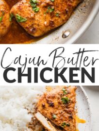 Cajun butter chicken breast with plenty of sauce, parsley for garnish, and a side of white rice on a white ceramic plate.