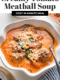 This Creamy Tomato Meatball Soup with pearl couscous is quick and easy but feels like a cozy Sunday supper your grandmother might have simmered all day. It's got tender veggies, plenty of Italian herbs, and just a splash of cream. Best of all, everything cooks together in one pot in about 30 minutes.