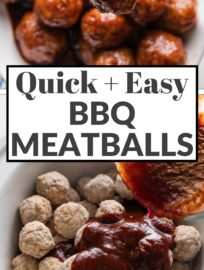 Crockpot BBQ Meatballs use just 3 ingredients and less than 5 minutes prep, yet are the ultimate party appetizer or ultra-easy dinner served over egg noodles or mashed potatoes. A few short hours in the slow cooker delivers tender, juicy meatballs coated in a sticky, sweet BBQ glaze.