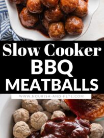 Crockpot BBQ Meatballs use just 3 ingredients and less than 5 minutes prep, yet are the ultimate party appetizer or ultra-easy dinner served over egg noodles or mashed potatoes. A few short hours in the slow cooker delivers tender, juicy meatballs coated in a sticky, sweet BBQ glaze.