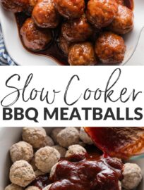 Crockpot BBQ Meatballs use just 3 ingredients and less than 5 minutes prep, yet are the ultimate party appetizer or ultra-easy dinner served over egg noodles or mashed potatoes. A few short hours in the slow cooker delivers tender, juicy meatballs coated in a sticky, sweet BBQ glaze.
