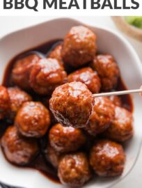 Crockpot BBQ Meatballs use just 3 ingredients and less than 5 minutes prep, yet are the ultimate party appetizer or ultra-easy dinner served over egg noodles or mashed potatoes. A few short hours in the slow cooker delivers tender, juicy meatballs coated in a sticky, sweet BBQ glaze.