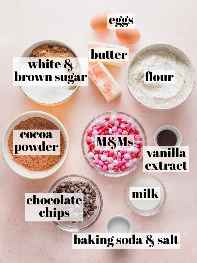 Labeled overhead image of butter, flour, sugar, cocoa powder, vanilla extract, eggs, milk, baking soda, salt, chocolate chips, and M&Ms all in prep bowls and ready to bake.