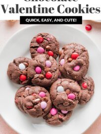 Thick, chewy double chocolate cookies with slightly crisp edges and extra large scoops of chocolate chips plus pink and red M&Ms. These make the ultimate Valentine cookies for sharing with anyone you adore!