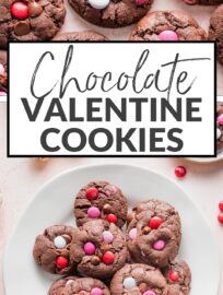 Thick, chewy double chocolate cookies with slightly crisp edges and extra large scoops of chocolate chips plus pink and red M&Ms. These make the ultimate Valentine cookies for sharing with anyone you adore!