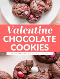 Thick, chewy double chocolate cookies with slightly crisp edges and extra large scoops of chocolate chips plus pink and red M&Ms. These make the ultimate Valentine cookies for sharing with anyone you adore!