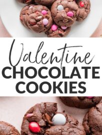 Thick, chewy double chocolate cookies with slightly crisp edges and extra large scoops of chocolate chips plus pink and red M&Ms. These make the ultimate Valentine cookies for sharing with anyone you adore!