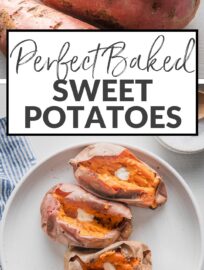 Learn How to Bake Sweet Potatoes in the oven perfectly each and every time! With fluffy, tender interiors and delightfully crisp skins, these make a delicious side dish or starting point for lots of easy, healthy meals. All you need are sweet potatoes and a bit of time.