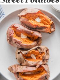 Learn How to Bake Sweet Potatoes in the oven perfectly each and every time! With fluffy, tender interiors and delightfully crisp skins, these make a delicious side dish or starting point for lots of easy, healthy meals. All you need are sweet potatoes and a bit of time.