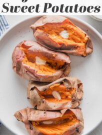 Learn How to Bake Sweet Potatoes in the oven perfectly each and every time! With fluffy, tender interiors and delightfully crisp skins, these make a delicious side dish or starting point for lots of easy, healthy meals. All you need are sweet potatoes and a bit of time.