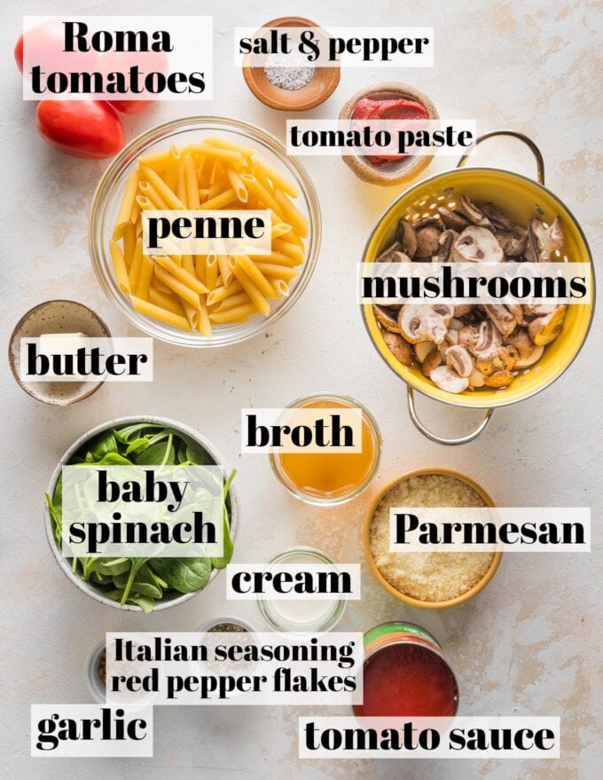 Labeled overhead photo of penne, sliced mushrooms, Roma tomatoes, baby spinach, butter, broth, tomato paste and sauce, minced garlic, cream, Italian seasoning, red pepper flakes, salt, and pepper, all measured into prep bowls and ready to cook.