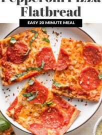 This super easy Flatbread Pepperoni Pizza takes about 5 minutes to toss together and another 10 minutes to bake, making it the perfect family-friendly meal for those days when you have no time and even less energy! Customize with your favorite toppings for a meal everyone will adore.