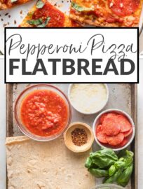 This super easy Flatbread Pepperoni Pizza takes about 5 minutes to toss together and another 10 minutes to bake, making it the perfect family-friendly meal for those days when you have no time and even less energy! Customize with your favorite toppings for a meal everyone will adore.