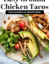 These Ground Chicken Tacos are super delicious, quick, and easy to make for a weeknight meal everyone will enjoy with no hassle! Protein-packed chicken, plenty of taco seasoning, and a little of your favorite salsa make the magic. Just add your favorite toppings and dig in!